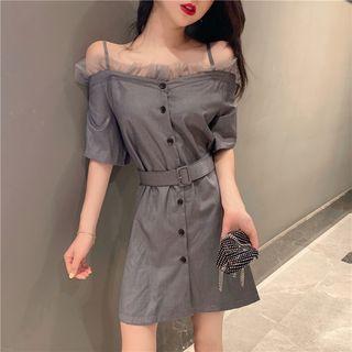 Elbow-sleeve Cold Shoulder Mesh Paneled A-line Mini Dress