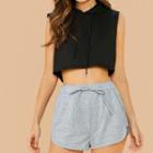 Set: Sleeveless Hooded Cropped Top + Drawstring Shorts
