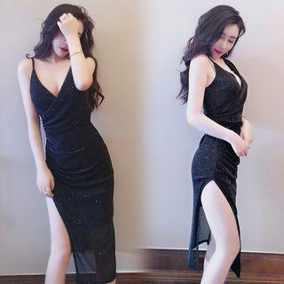 Plain V-neck Midi Side Slit Dress