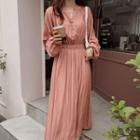 Long-sleeve V-neck Tie Waist Loose Fit Dress Pink - One Size