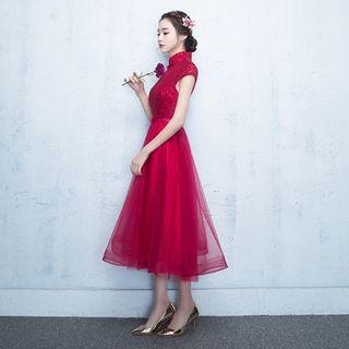 Cap Sleeve Mandarin Collar Midi Evening Dress