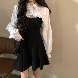 Set: Long-sleeve Plain Shirt + Spaghetti-strap Plain Dress