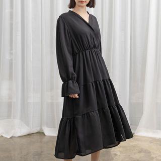 Bell-cuff Tiered Long Wrap Dress