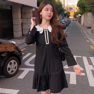 Long-sleeve Pleated Hem Collar Dress Black - One Size