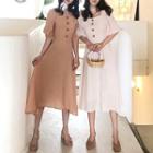 Buttoned Square-neck Elbow-sleeve Midi A-line Dress