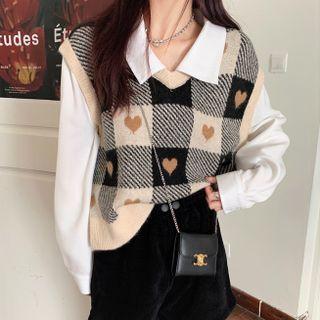 Heart Print Checkered Sweater Vest