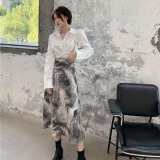 Twist-front Crop Shirt / Tie-dye Midi A-line Skirt
