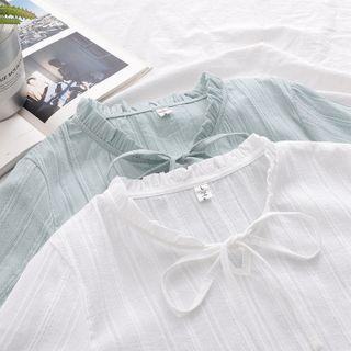 Frill Trim Elbow Sleeve Tie-neck Blouse