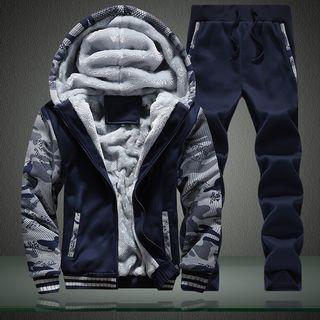 Set: Camo Panel Hooded Jacket + Drawstring Sweatpants