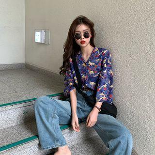 3/4-sleeve Printed Shirt Blue - One Size