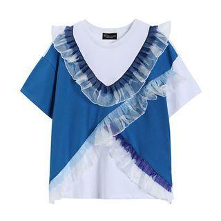 Elbow-sleeve Mesh Ruffled Top