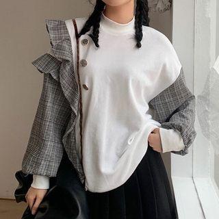 Asymmetric Mock-neck Plaid Panel Sweatshirt
