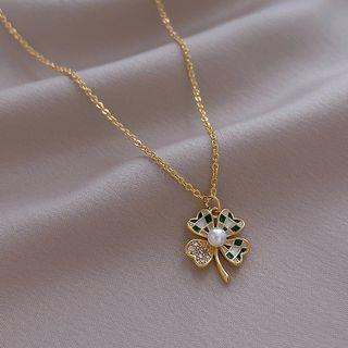 Clover Checker Faux Pearl Pendant Alloy Necklace / Earring