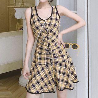 Plaid Sleeveless Shirred Mini A-line Dress