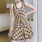 Plaid Sleeveless Shirred Mini A-line Dress
