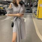 Short-sleeve Asymmetric A-line Dress Gray - One Size