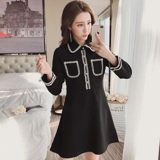 Contrast Trim Collared Long Sleeve Chiffon Dress