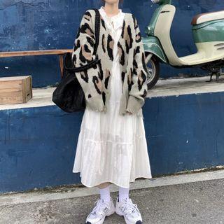 Leopard Print Cardigan / Long-sleeve Midi A-line Dress