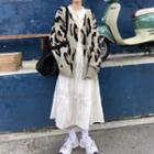 Leopard Print Cardigan / Long-sleeve Midi A-line Dress