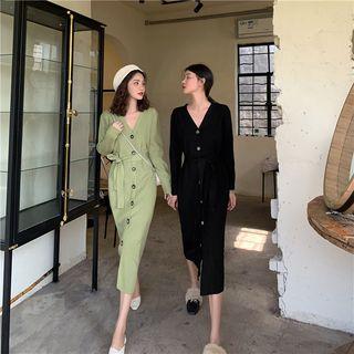 Tie-waist Single-breasted Knit Midi Dress