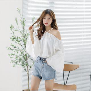 Off-shoulder Halter Long-sleeve Top