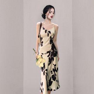 Spaghetti-strap V-neck Print Midi Sheath Dress