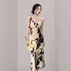 Spaghetti-strap V-neck Print Midi Sheath Dress
