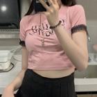 Short-sleeve Lettering T-shirt / Pleated A-line Skirt Pink - One Size