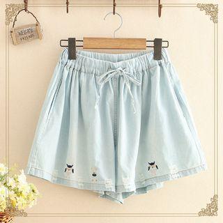 Drawstring Embroidered Demin Short