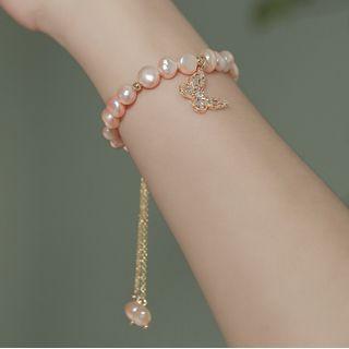 Rhinestone Butterfly Freshwater Pearl Bracelet 1 Piece - As Shown In Figure - One Size