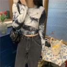 Long-sleeve Tie Dye Crop Top White - One Size