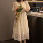 Short-sleeve Floral Lace Midi Smock Dress Almond - One Size