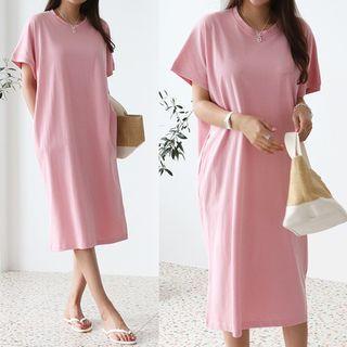 Pocket-side Plain Midi T-shirt Dress