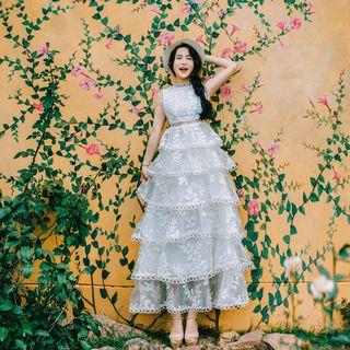 Embroidered Sleeveless Tiered Organza Midi Dress
