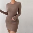 Long-sleeve Plain Bodycon Mini Dress