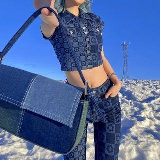 Short-sleeve Floral Print Denim Shirt