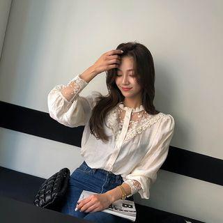 Lace-panel Button-down Blouse Ivory - One Size