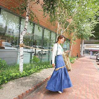 Ruffled Denim Maxi Yoke Skirt