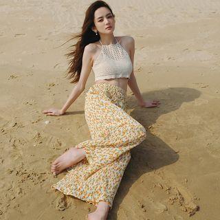 Halter-neck Crochet Lace Top / Floral Print Wide Leg Pants