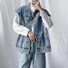 Washed Denim Jacket / Long-sleeve Plain Top / High-waist Shift Jeans