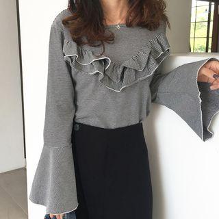 Bell-sleeve Striped Ruffle T-shirt