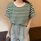 Wide Striped Color Block Short-sleeve Round-neck Top