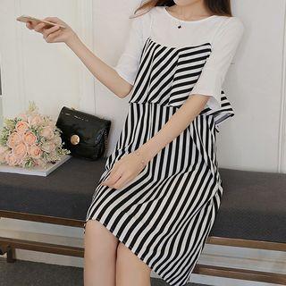 Set: Short-sleeve T-shirt + Strappy Striped A-line Dress