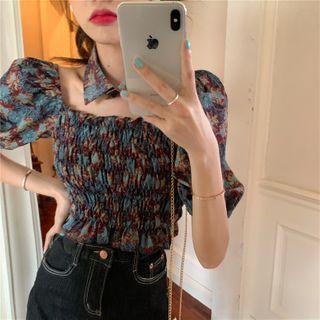 Puff-sleeve Floral Chiffon Shirred Crop Top As Shown In Figure - One Size