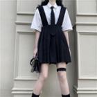 Tie-neck Elbow-sleeve Shirt / Pleated Mini A-line Jumper Skirts