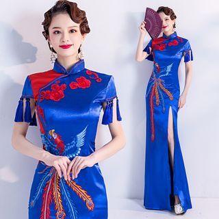 Cap-sleeve Mermaid Qipao Maxi Dress