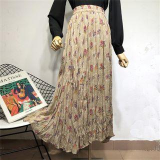 Ruched Floral Print Pleated A-line Skirt
