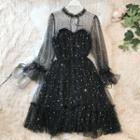 Sequined Mesh Panel Long-sleeve A-line Dress