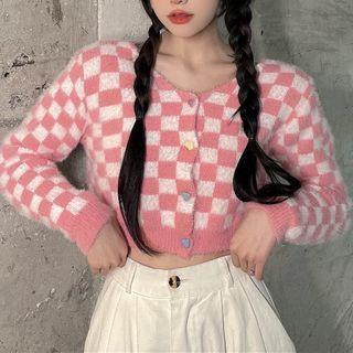 V-neck Checked Button-up Cropped Cardigan Pink - One Size