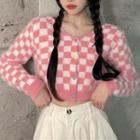 V-neck Checked Button-up Cropped Cardigan Pink - One Size